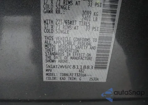 2015 Nissan Rogue S z USA, uszkodzony, nr VIN 5N1AT2MV6FC811883